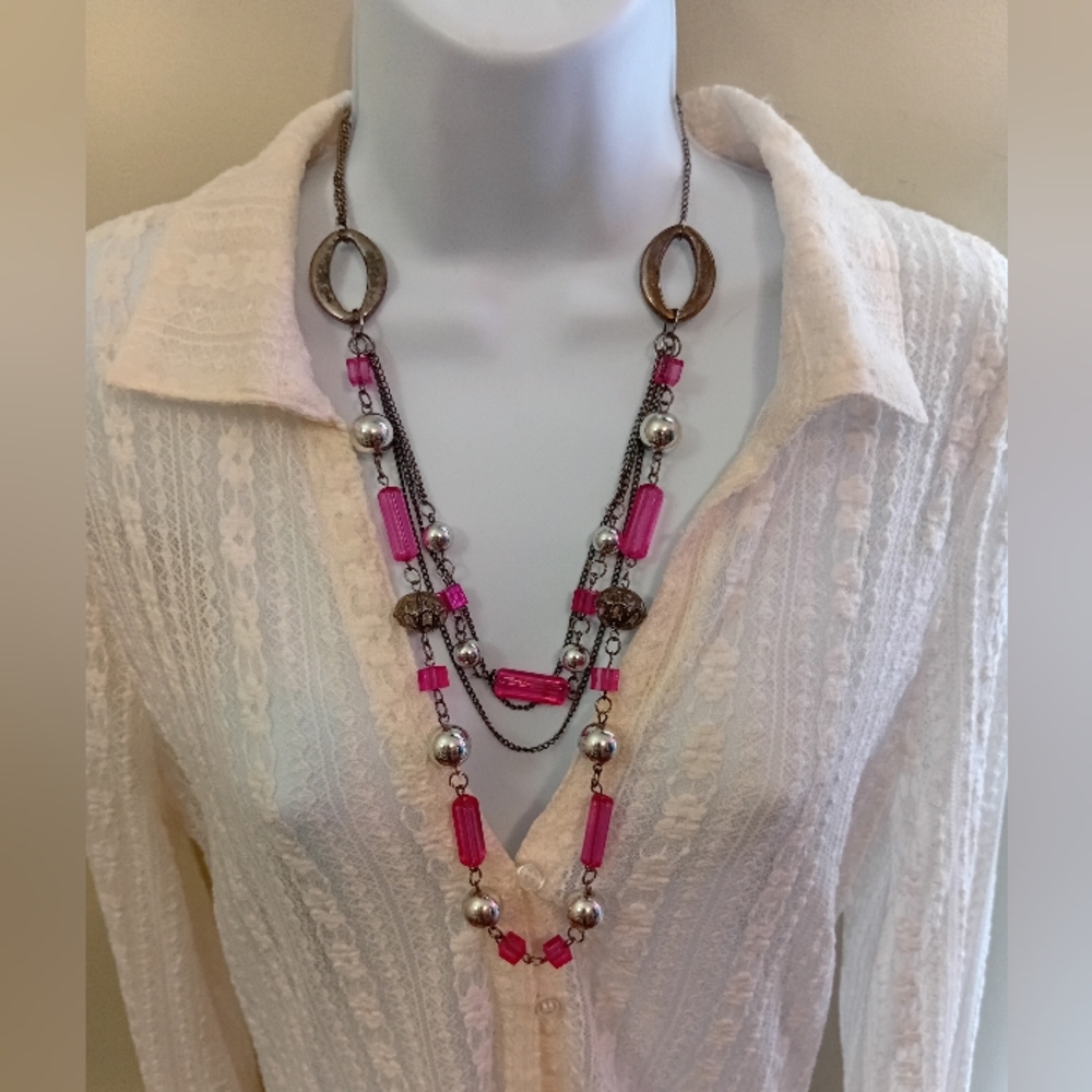 Chic Pink and Silver Layered Beaded Necklace